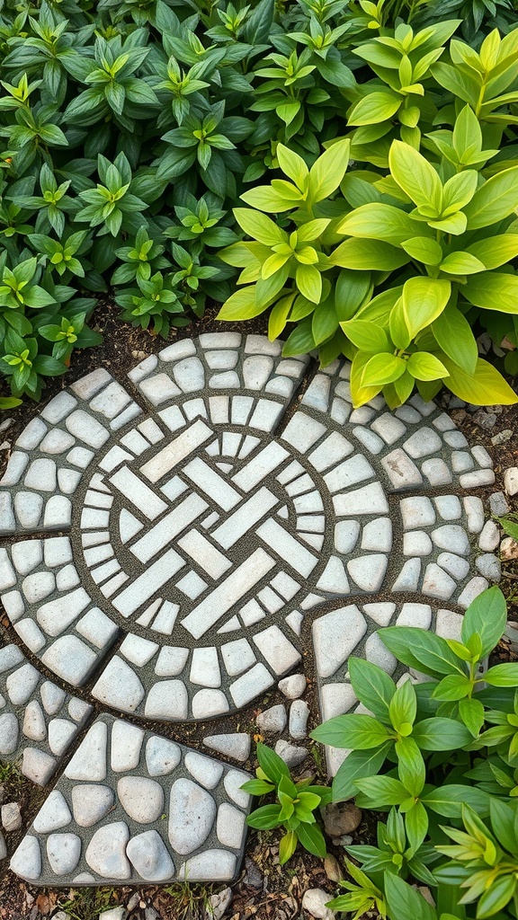 A pebble mosaic featuring a Celtic knot pattern surrounded by green plants.