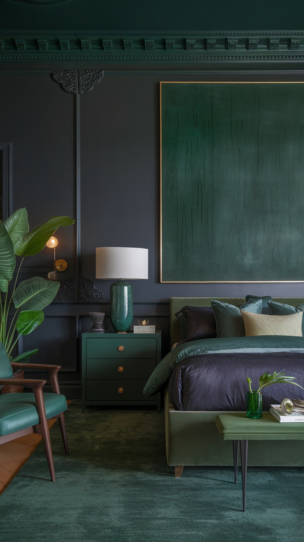 A dark green and charcoal bedroom featuring a large green painting, plush bedding, and stylish furniture.