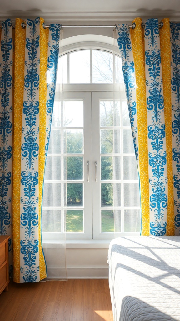 Bright blue and yellow patterned curtains framing a window in a stylish bedroom