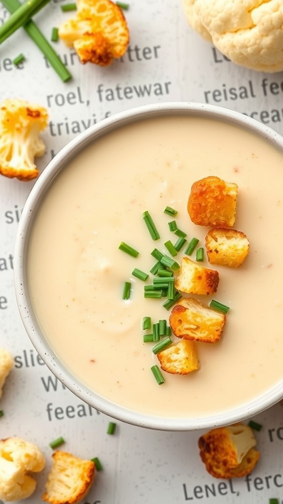 A bowl of creamy cauliflower soup topped with croutons and chives, with roasted cauliflower florets beside it.