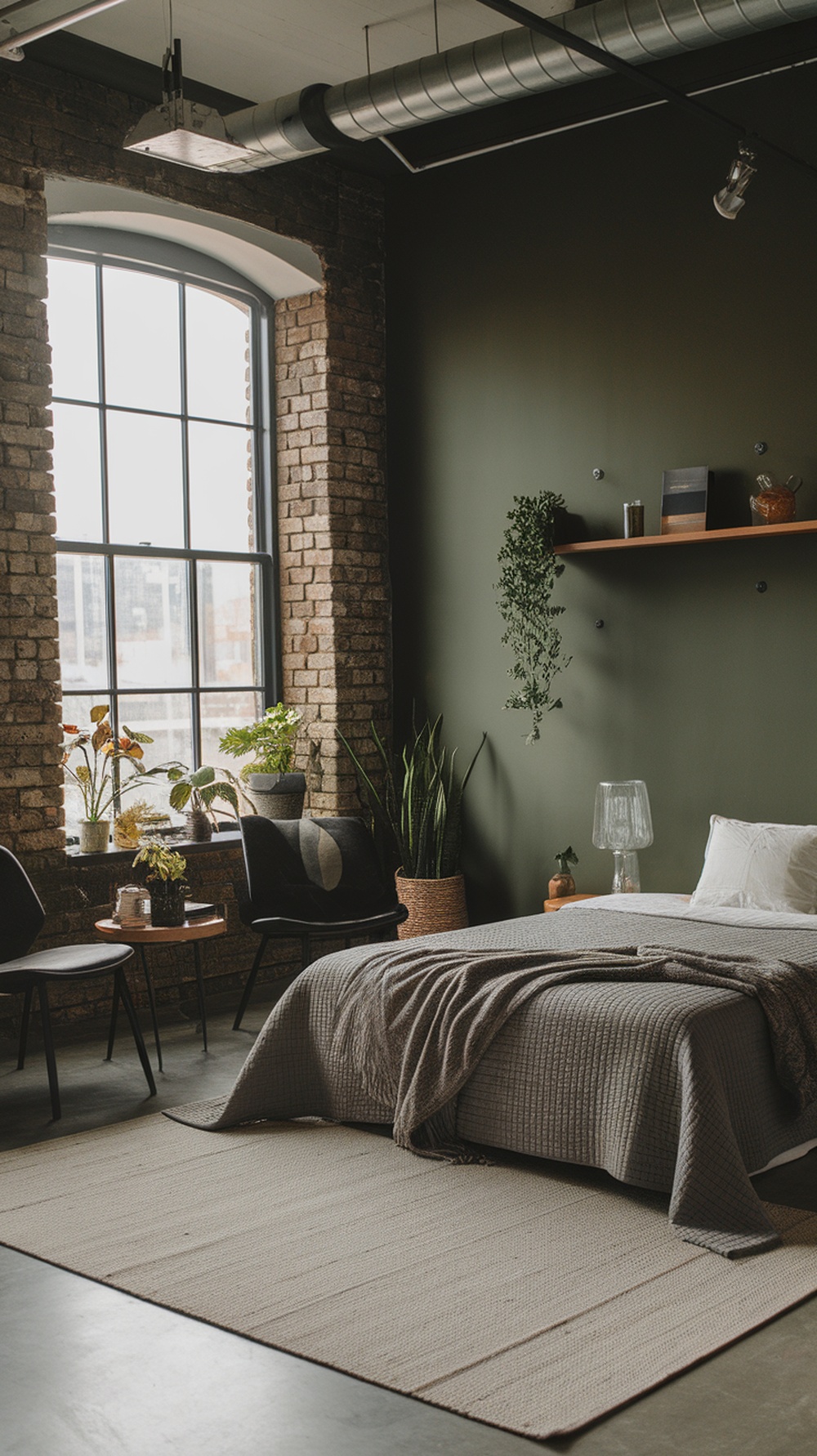 Chic dark green loft bedroom with large windows, brick walls, and stylish decor