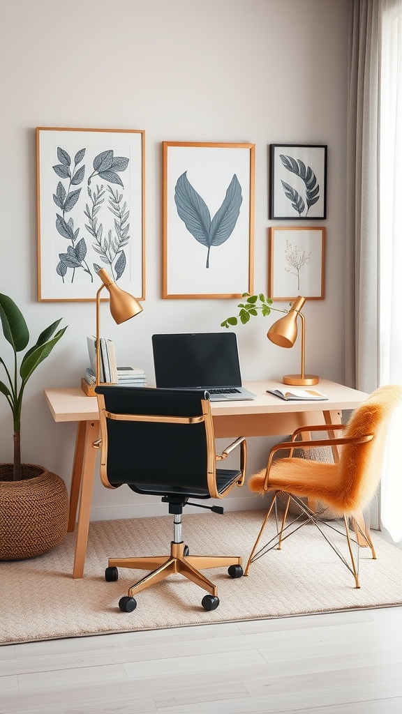 Stylish home office setup with a wooden desk, black office chair, and framed botanical prints on the wall.