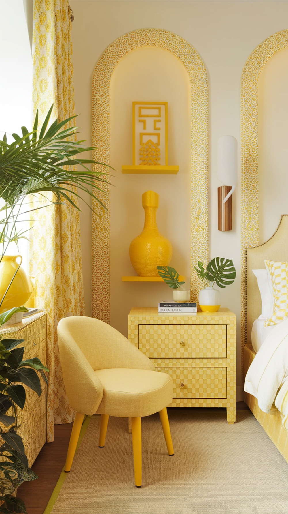 A bright bedroom featuring citrus yellow decorative accessories including a vase, curtains, and a chair.
