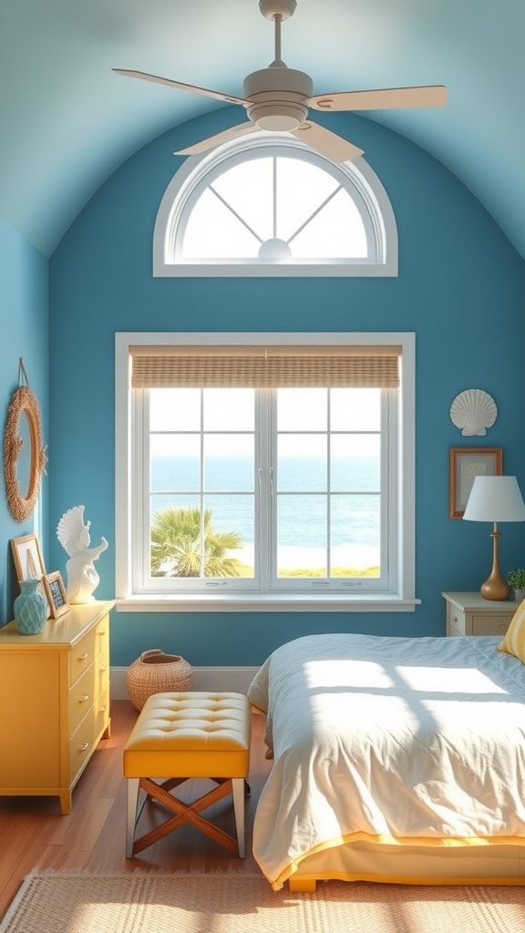A coastal-inspired bedroom featuring blue walls and yellow furniture, with a view of the ocean.