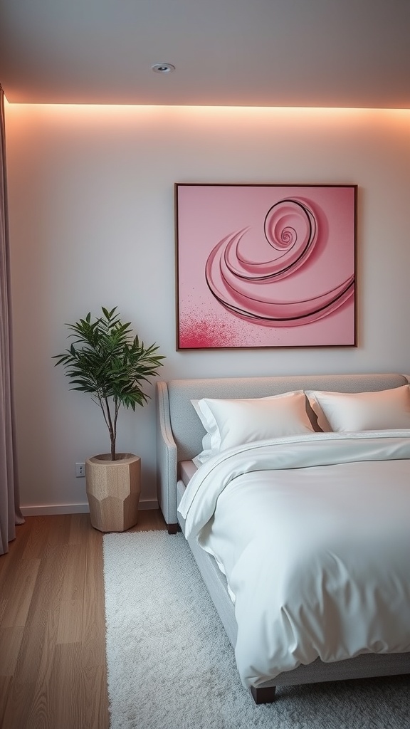 A modern pink artwork featuring swirls, displayed above a bed in a contemporary bedroom.