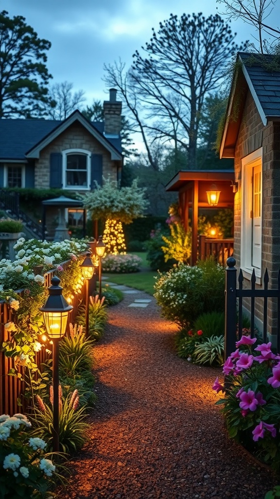 A beautifully lit cottage garden path with lanterns and vibrant flowers at dusk.