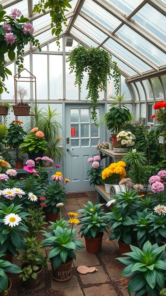 A cozy greenhouse filled with colorful flowers and greenery, featuring clear glass walls and a welcoming door.