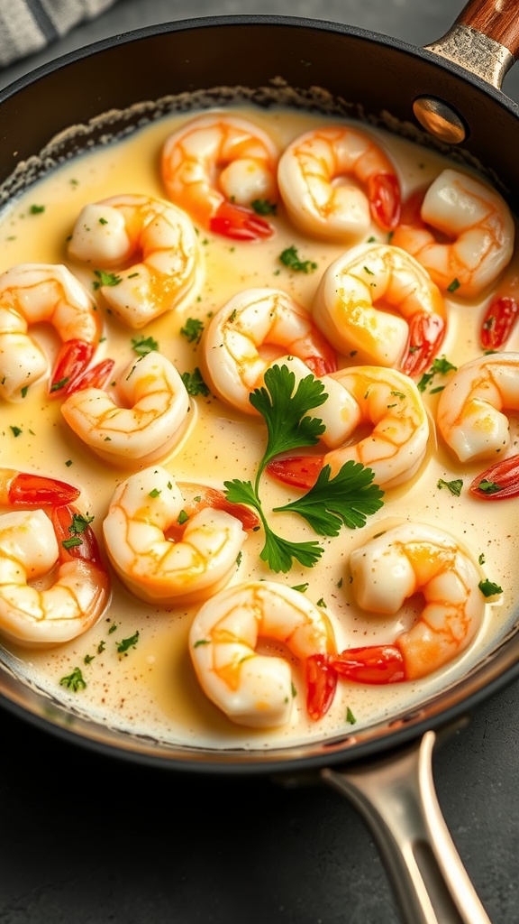 A pan filled with creamy garlic butter shrimp garnished with parsley.