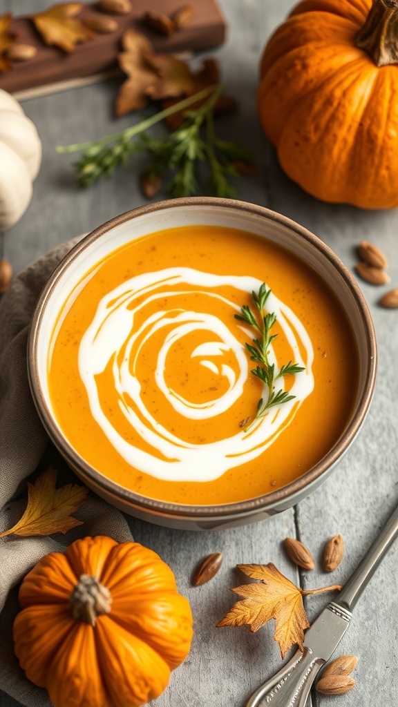 A bowl of creamy vegan pumpkin soup garnished with herbs, surrounded by pumpkins and autumn leaves.