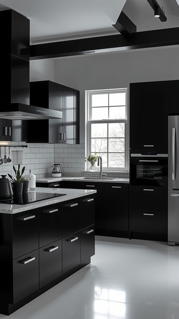 A modern black kitchen featuring black cabinets, a white tile backsplash, and natural light coming through a window.