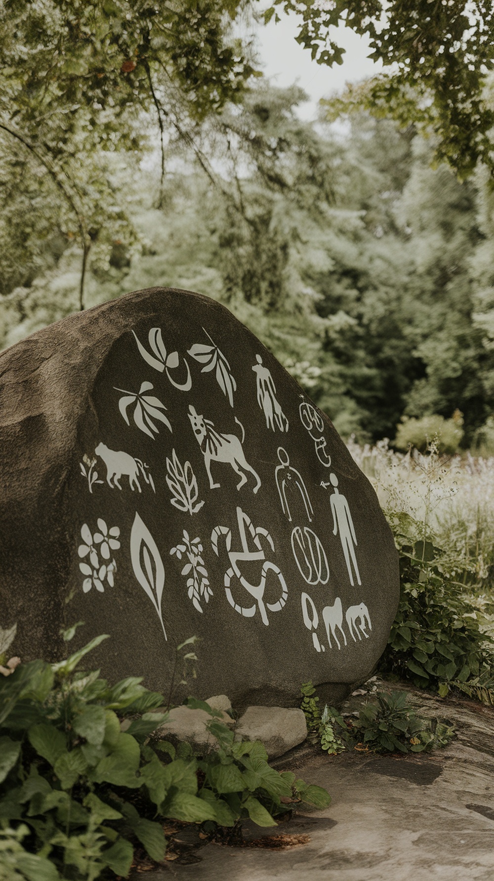 A rock with various cultural symbols painted on it, surrounded by greenery.