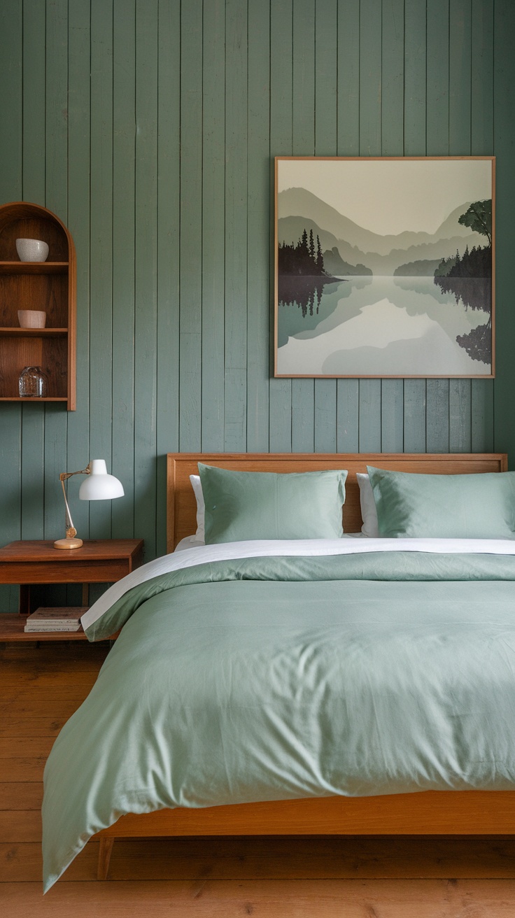 A cozy dark green bedroom featuring a large mural of a serene landscape, wooden furniture, and soft bedding.