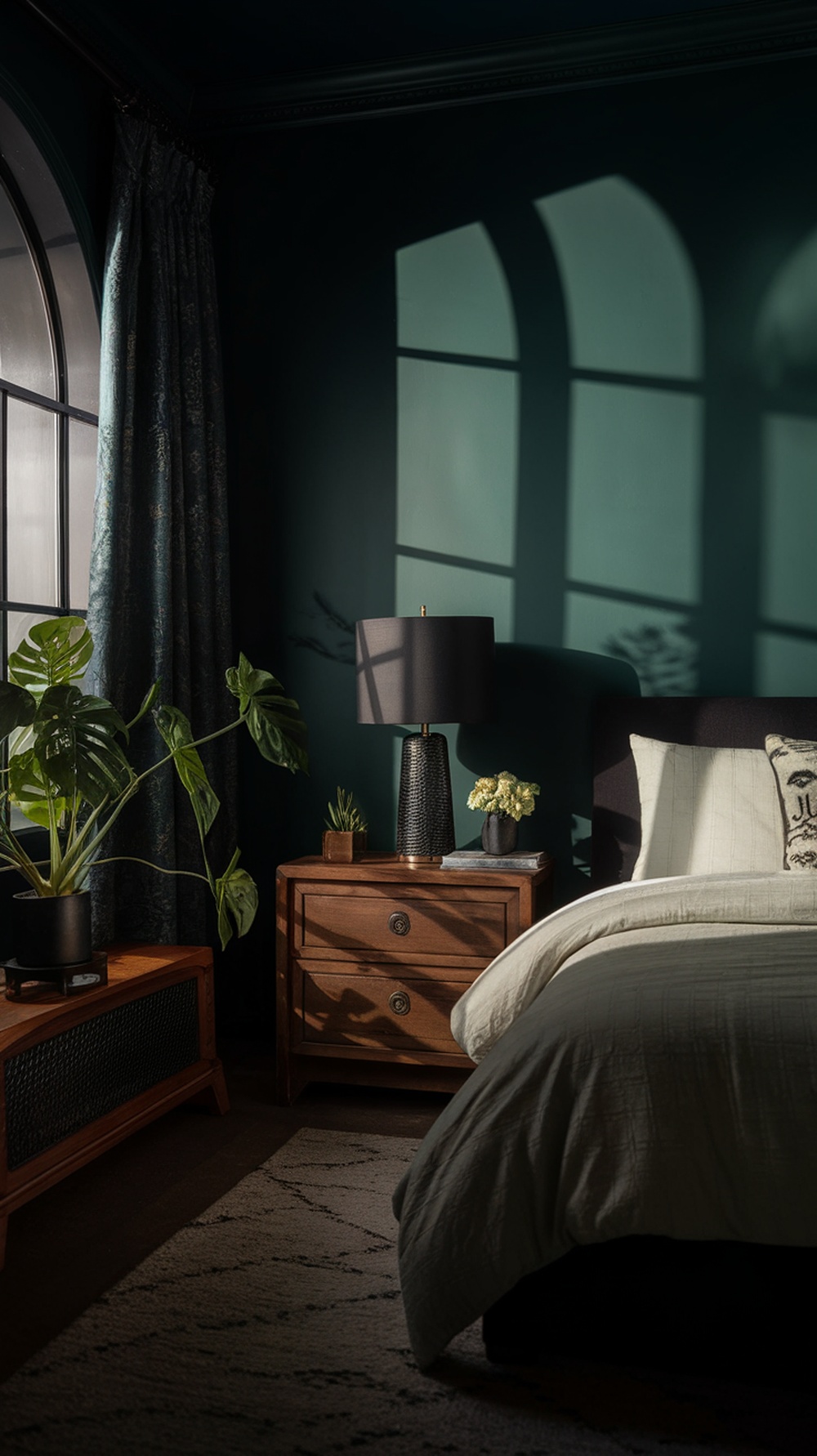 A dark green bedroom featuring a large window, wooden furniture, and plants, creating a serene and cozy atmosphere.