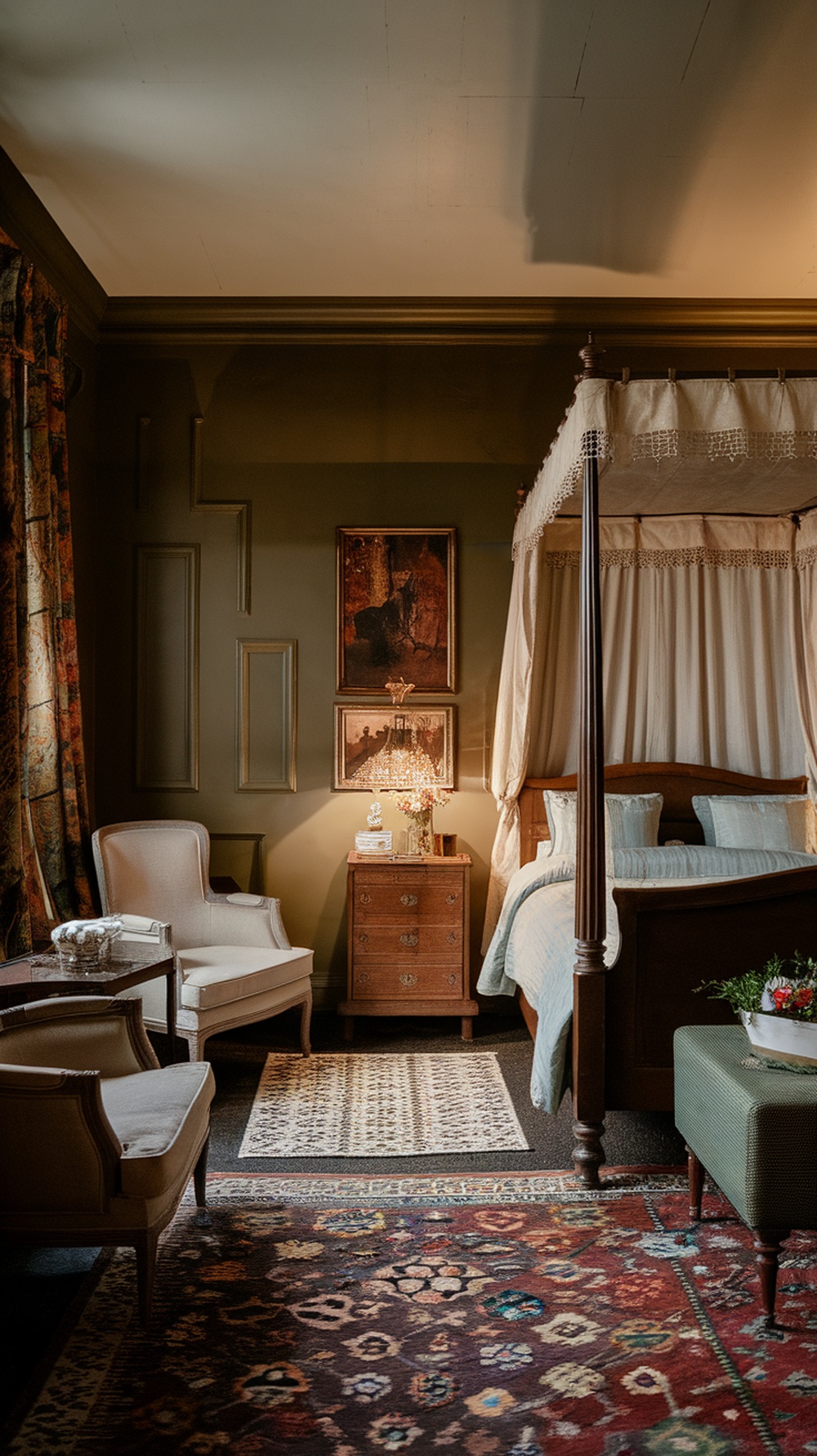 A cozy dark olive bedroom featuring a four-poster bed, vintage furniture, and warm lighting.