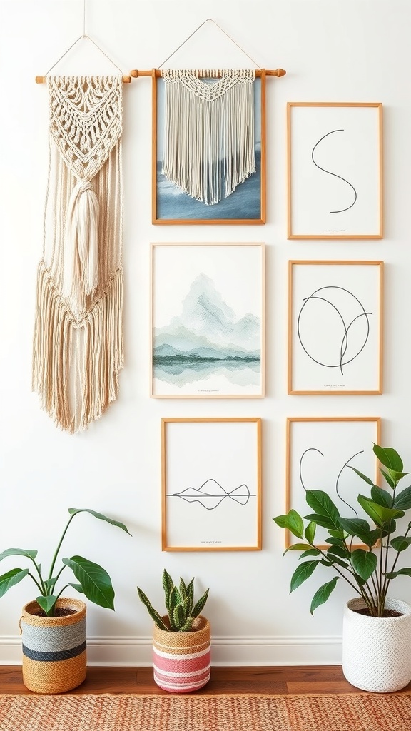 A stylish wall featuring macramé art and framed prints, with plants in decorative pots.