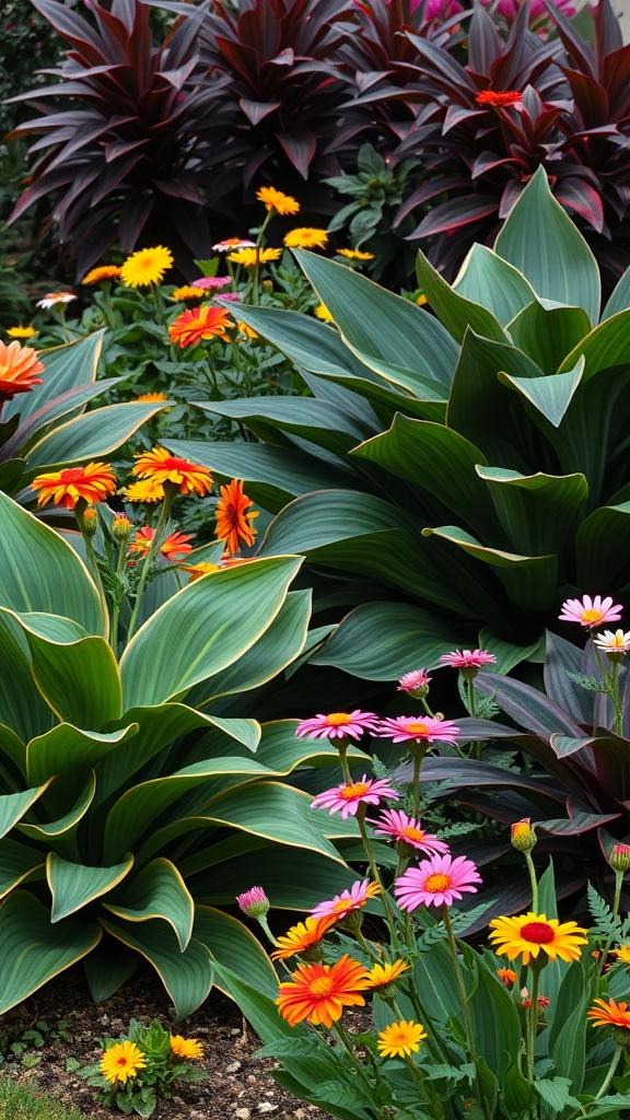 A vibrant English cottage garden featuring dramatic foliage and colorful flowers.
