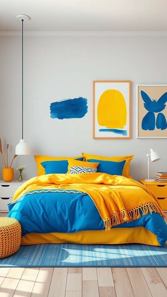 A bright blue and yellow bedroom featuring layered bedding, colorful art, and a cozy atmosphere.