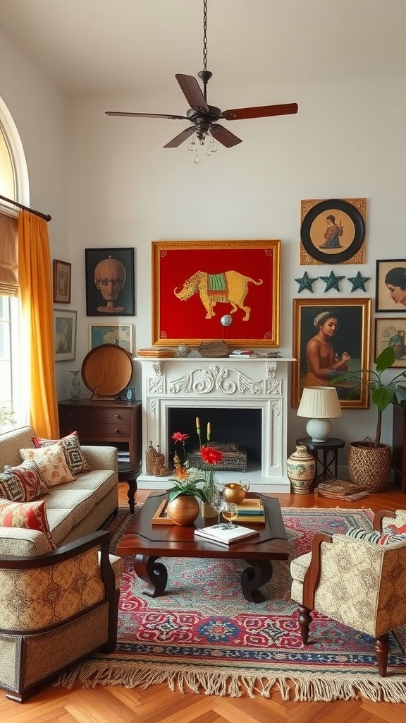 A cozy living room featuring eclectic decor with vibrant artwork, comfortable seating, and natural elements.