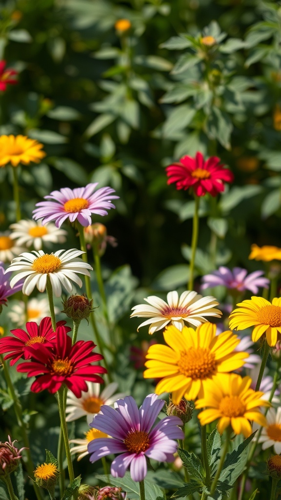 A vibrant display of colorful edible flowers, including red, yellow, and purple daisies, in a lush garden setting.