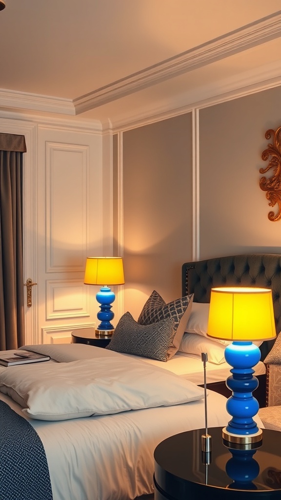 A stylish bedroom with blue and yellow lamps, showcasing modern decor.