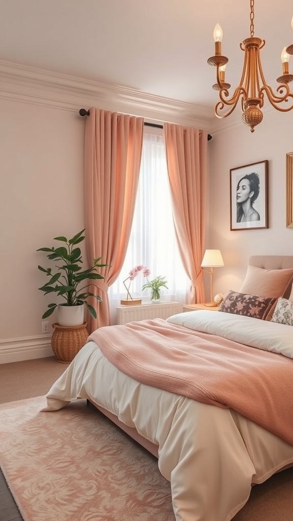 A sophisticated bedroom featuring blush accents with curtains, bedding, and a chandelier.