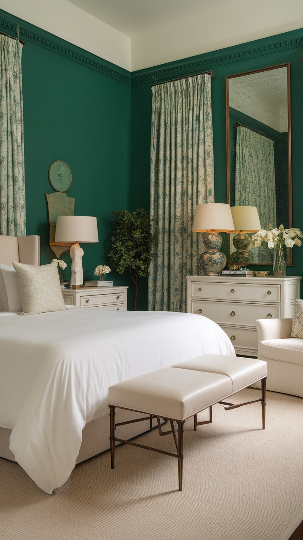 A cozy bedroom featuring emerald green walls, ivory bedding, and decorative accents.