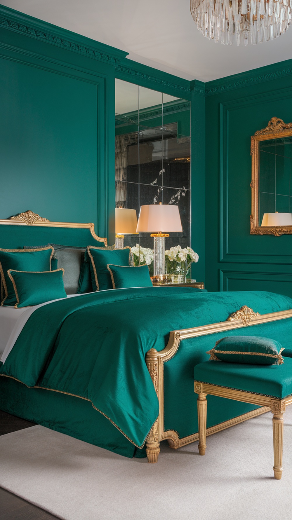 A luxurious bedroom featuring emerald green walls, an ornate bed with plush bedding, and elegant decor.