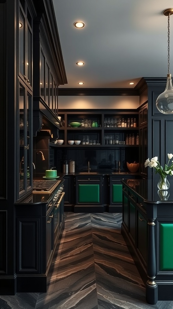 A luxurious black kitchen featuring emerald green accents in cabinetry and decor.