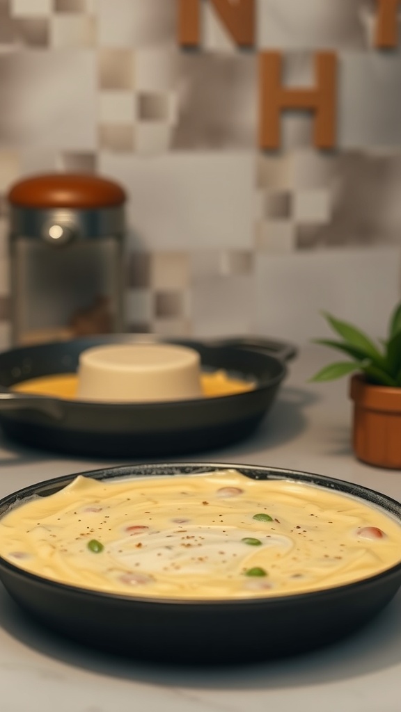 A delicious plate of creamy chicken with vegetables, set against a cozy kitchen backdrop.