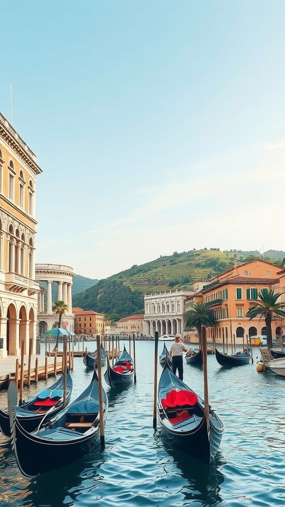 Gondolas in a serene Italian waterway with charming buildings and hills in the background.