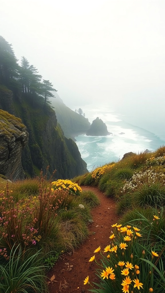 A coastal hiking trail in Northern California with wildflowers and ocean views.
