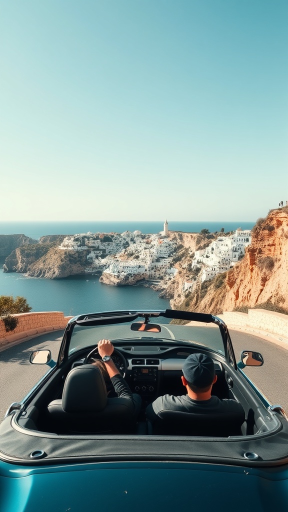 A couple enjoying a scenic view of the Andalusian coast from a convertible car.