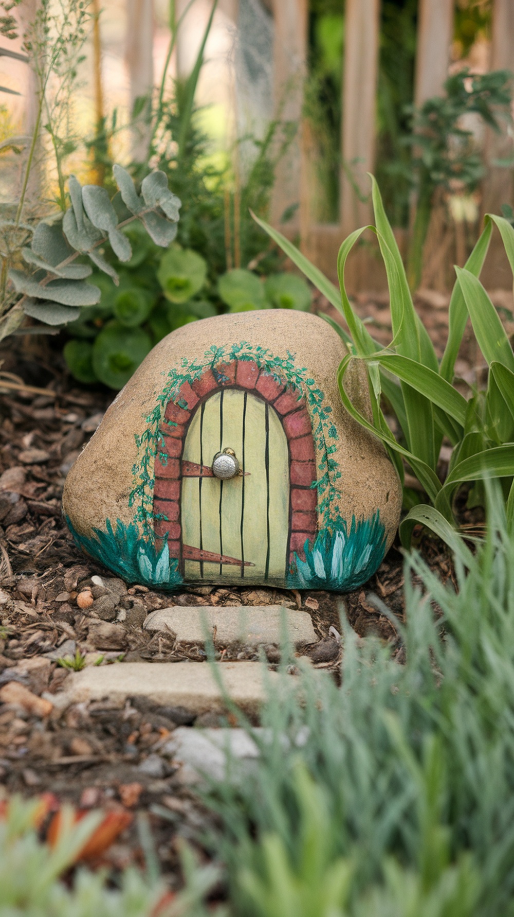 A painted rock resembling a tiny door, surrounded by plants in a garden setting.