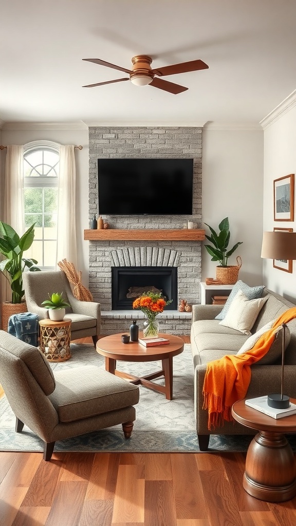 Cozy family-friendly living room with comfortable seating, a fireplace, and bright decor.