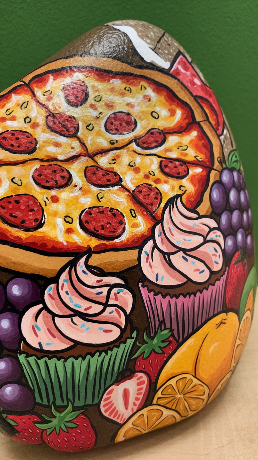 A painted rock featuring a pizza, cupcakes, and various fruits.