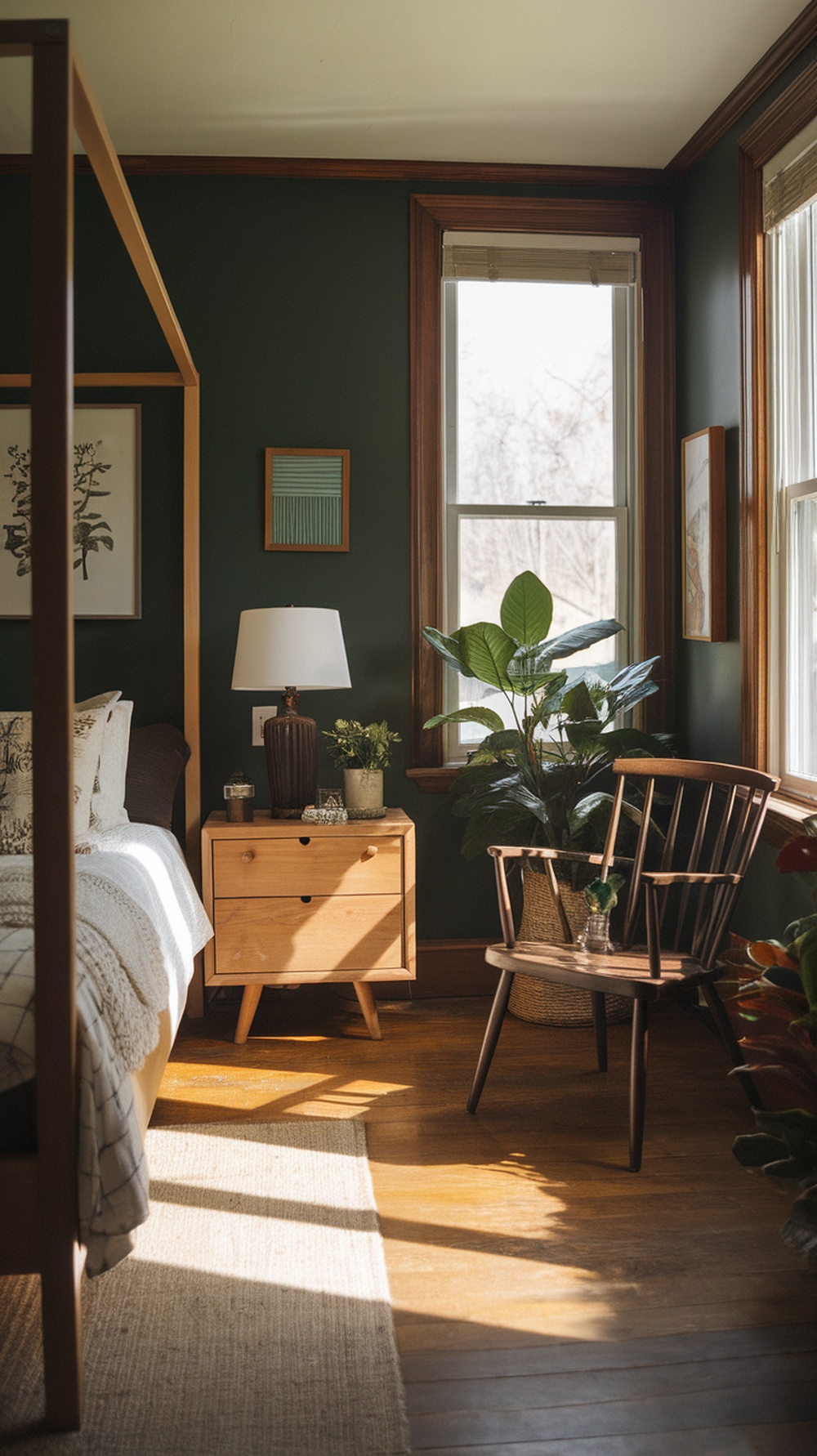 A cozy bedroom with dark green walls, wooden furniture, and potted plants, creating a forest retreat vibe.