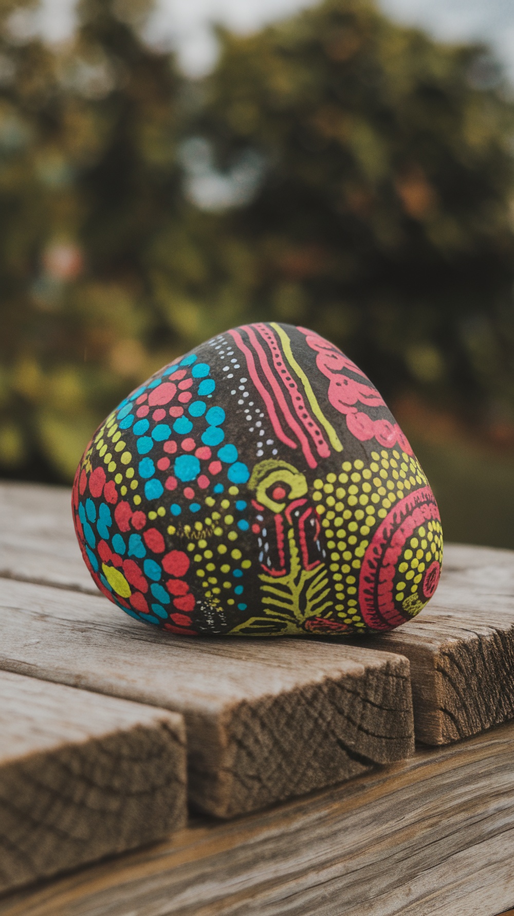 A colorful rock with funky patterns painted on it, resting on a wooden surface.