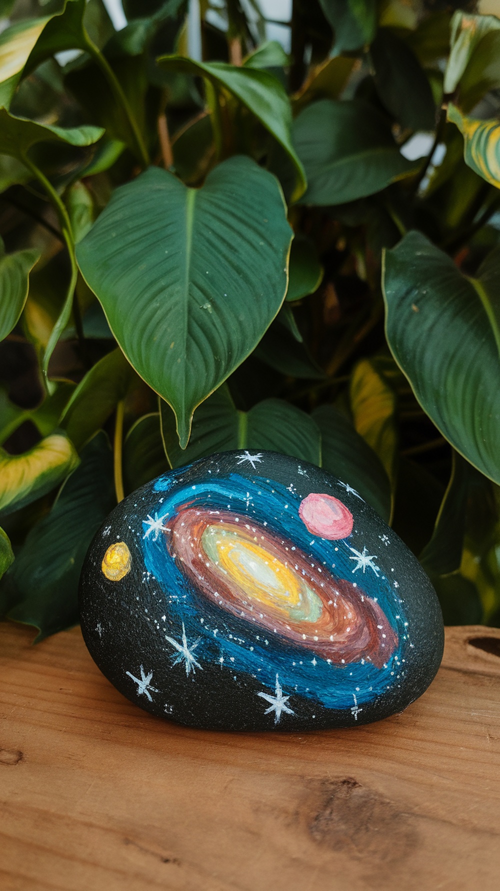 A painted rock depicting a galaxy with stars and planets, surrounded by green leaves.