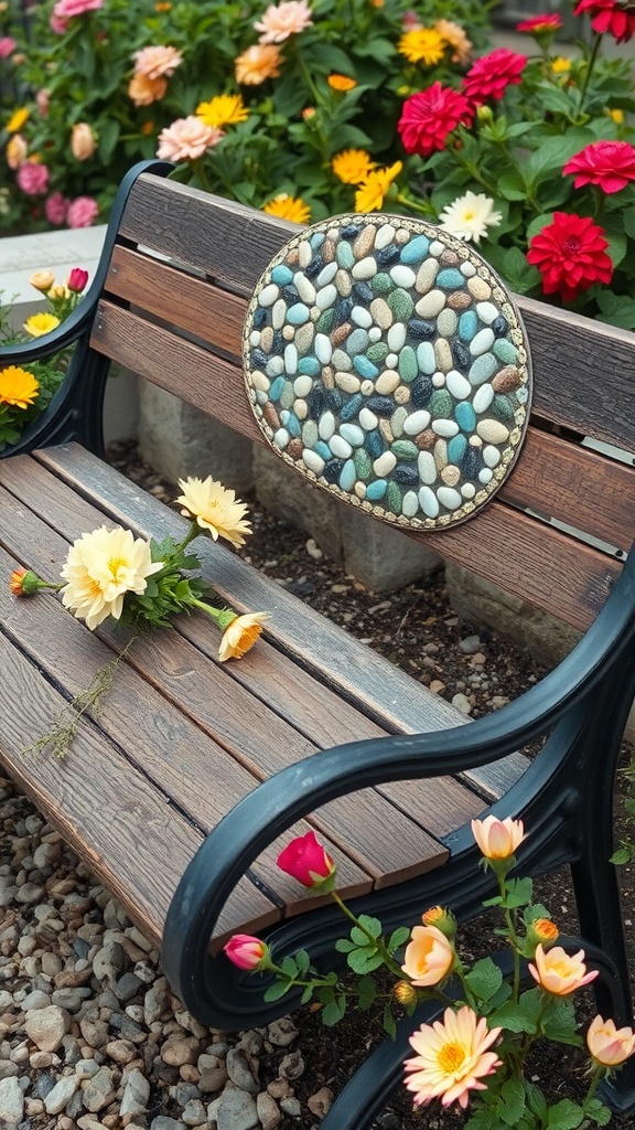 A garden bench with a round pebble mosaic design on the seat, surrounded by colorful flowers.