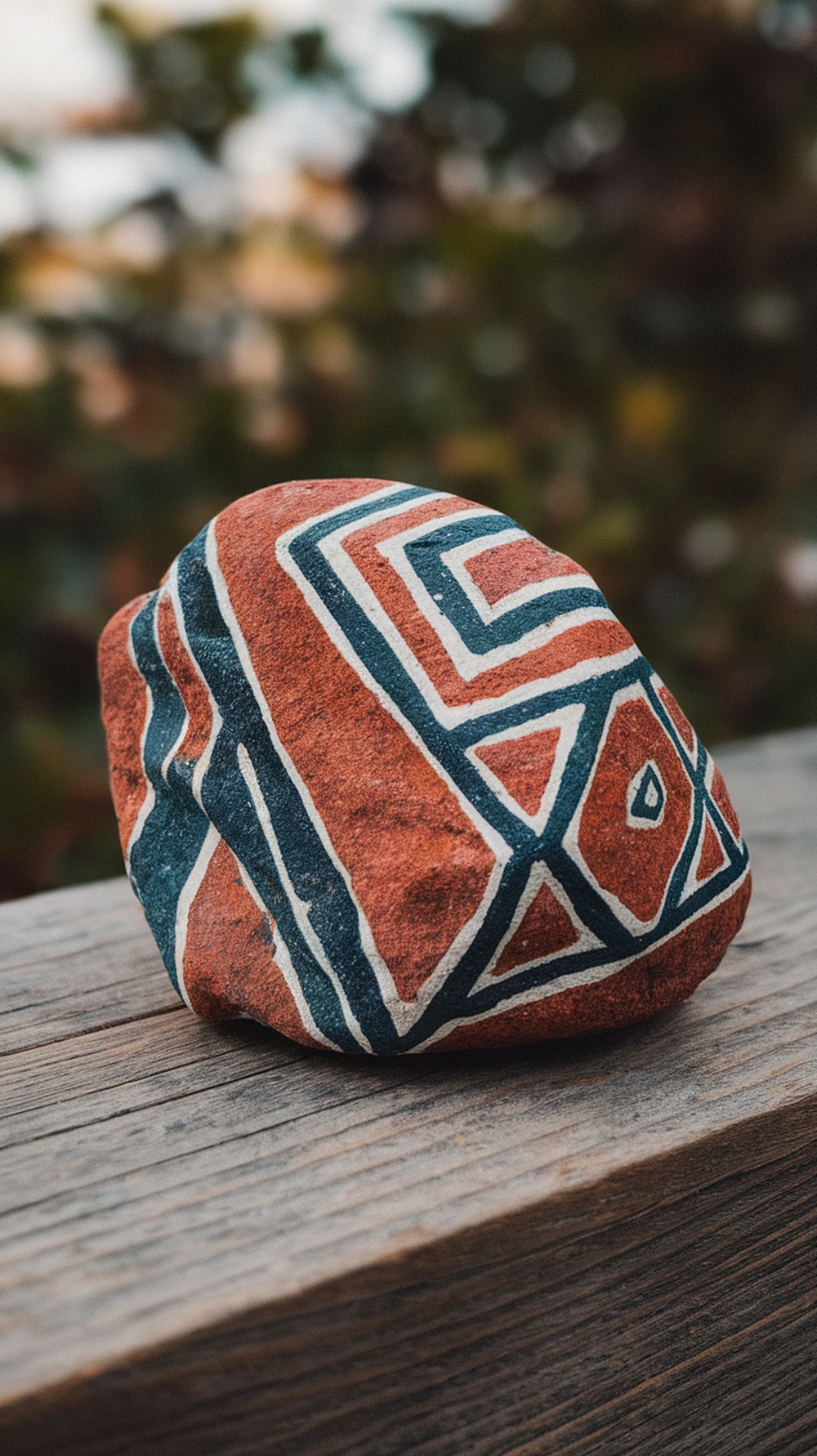 A painted rock with geometric shapes in red, blue, and white colors.