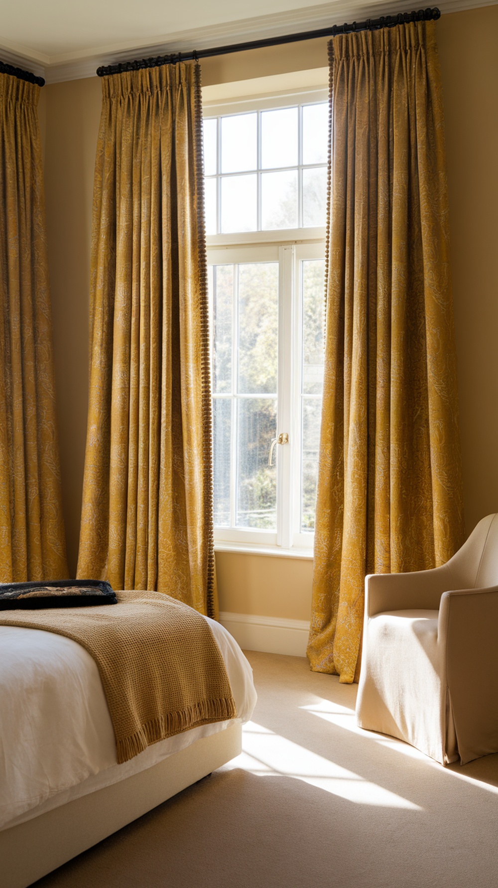 A bedroom featuring golden yellow curtains, a bed with a textured blanket, and a light-colored chair.