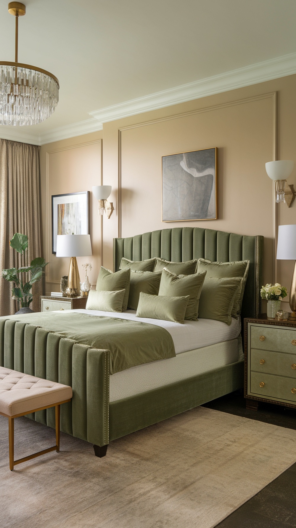 A luxurious green velvet bedroom featuring a plush bed, elegant lighting, and a touch of greenery.