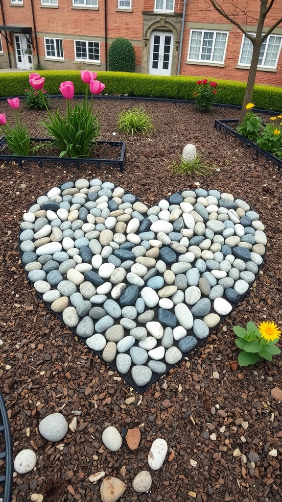 A heart-shaped pebble mosaic surrounded by colorful flowers in a garden.