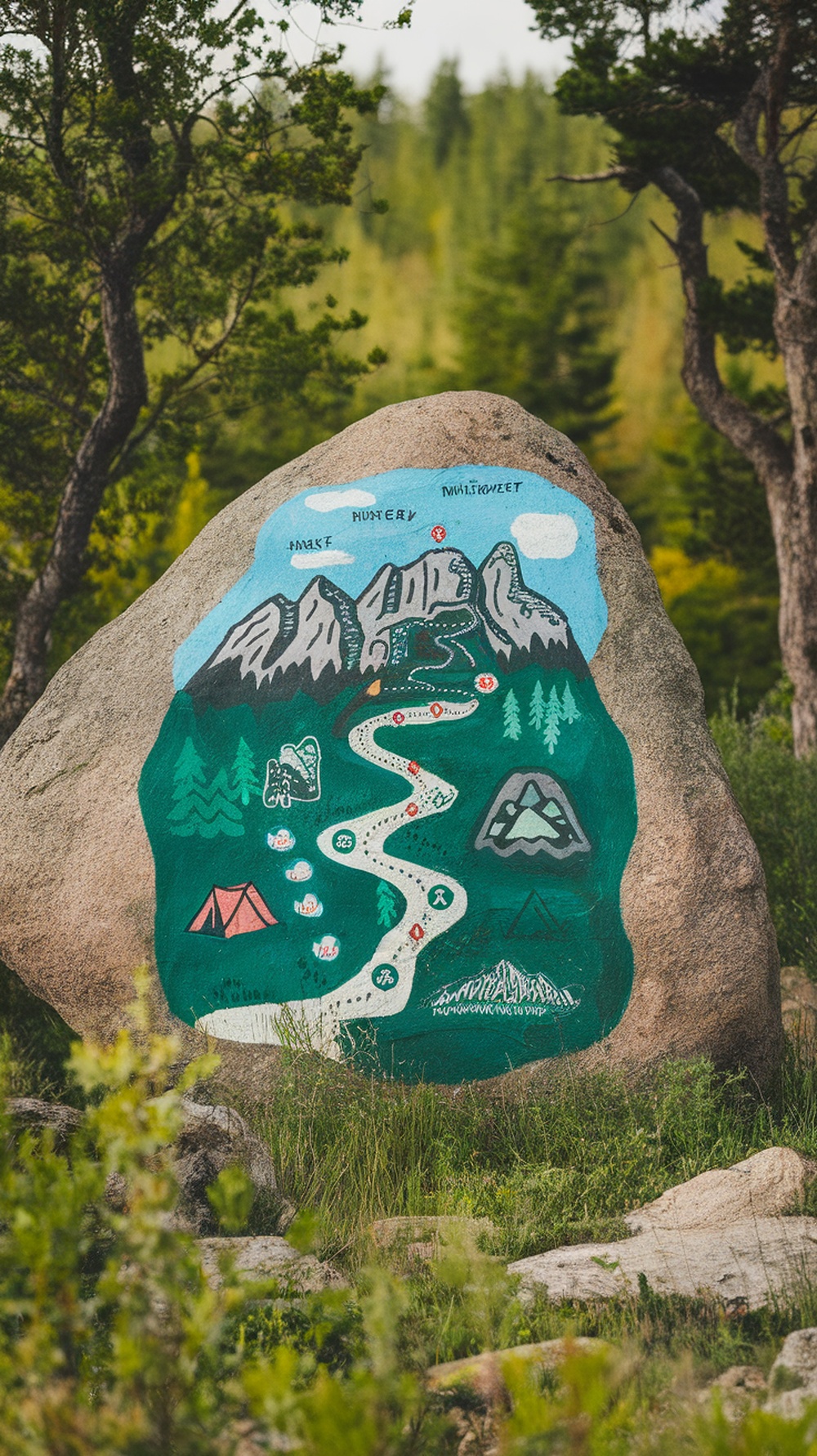 A painted rock featuring a hiking map with trails, mountains, and campsite symbols.