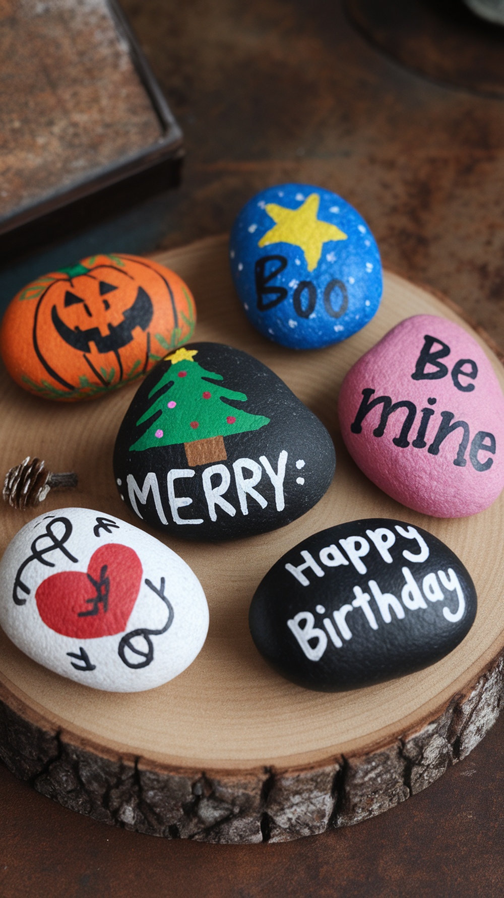 A collection of painted rocks featuring holiday themes, including a pumpkin, a Christmas tree, a heart, and birthday wishes.