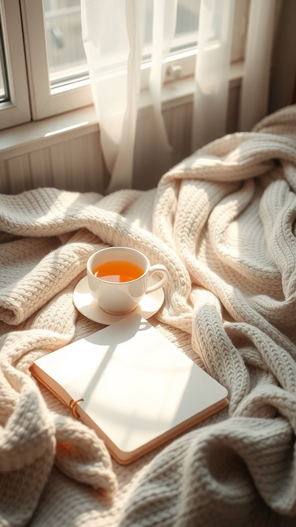 A cozy scene with a cup of tea and a blank notebook on a knitted blanket by a window.