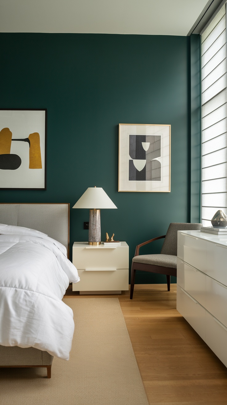 A chic bedroom featuring hunter green walls, modern furniture, and colorful artwork.