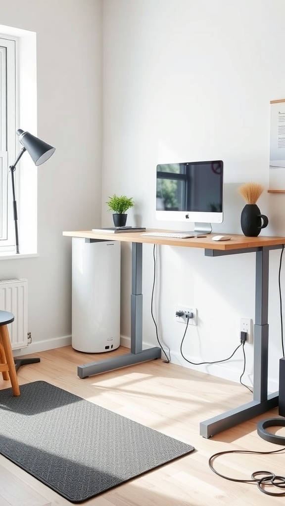 A modern home office setup featuring a portable standing desk, computer, lamp, and decorative plant.
