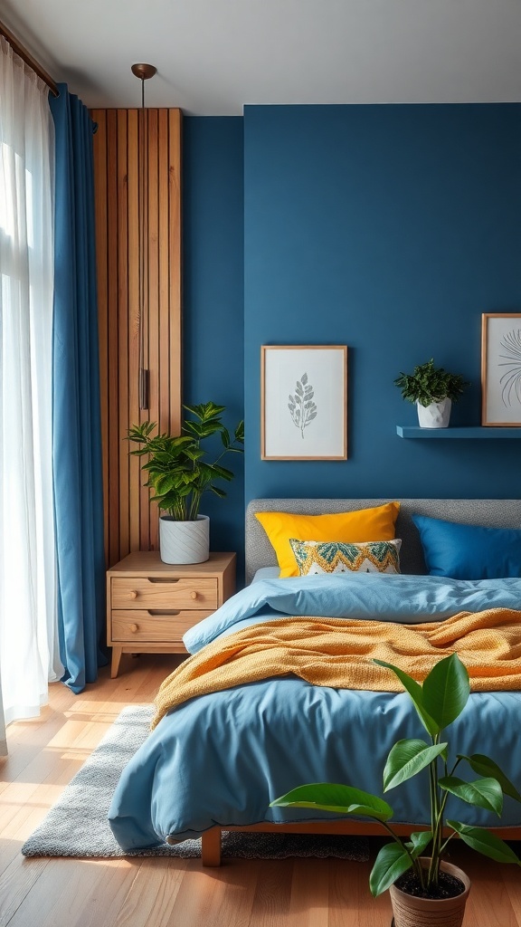 A cozy blue and yellow bedroom featuring wooden accents and potted plants.