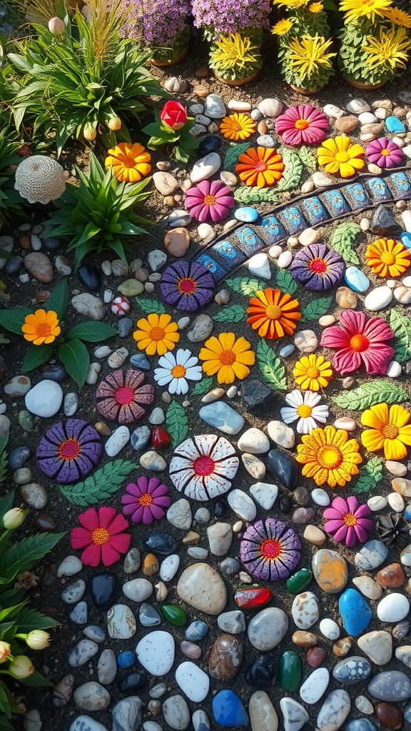 Colorful pebble mosaic featuring floral patterns in a garden